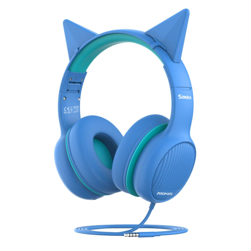 Promate Kids Headphones, On-Ear Foldable Wired Headset with Safe Volume Limited to 85dB, 3.5mm AUX Share-Port, 1.2m Tangle-Free AUX Cord, Detachable Cat Ears and Soft Earmuffs, Simba Aqua